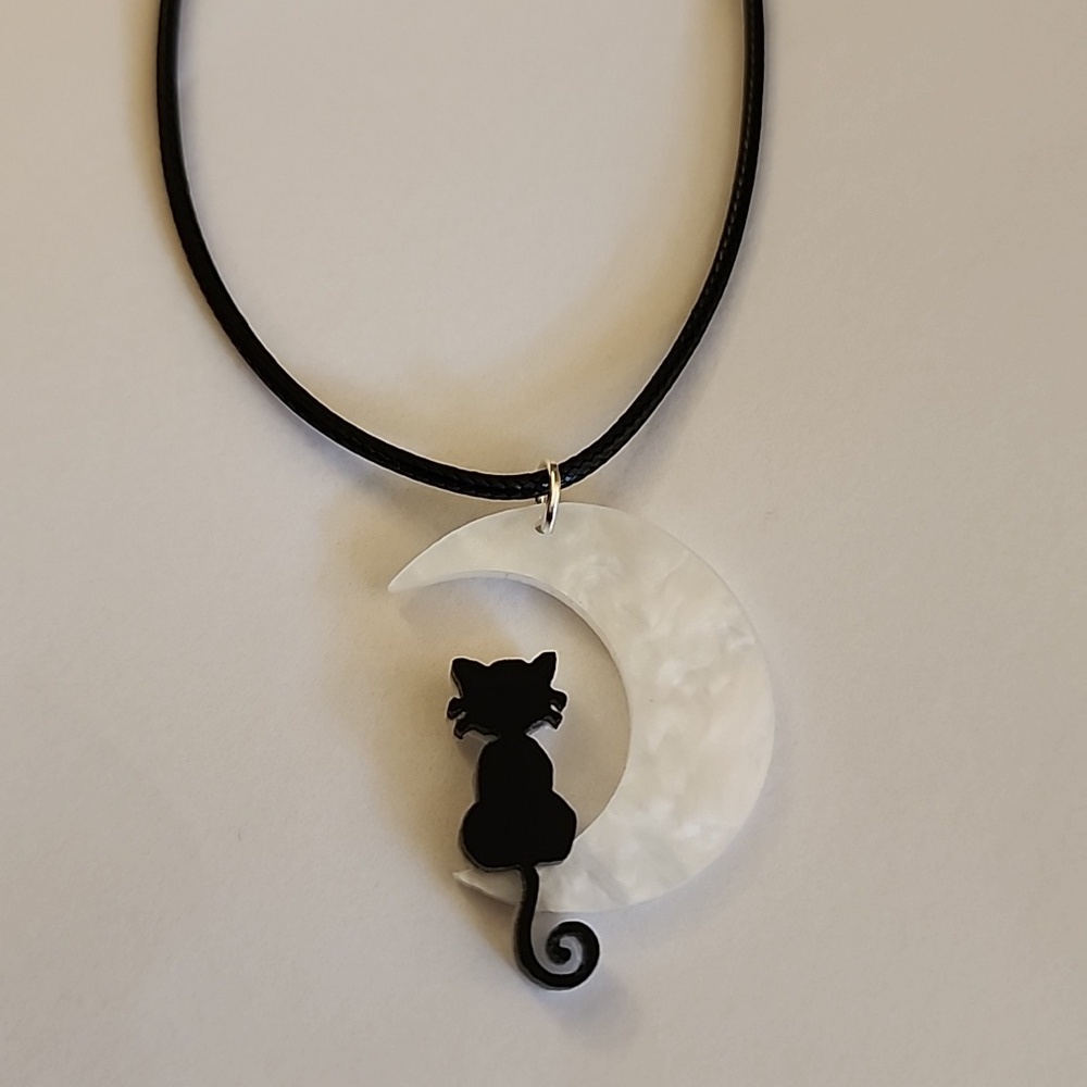 Black Cat Acrylic White Moon Accented NECKLACE